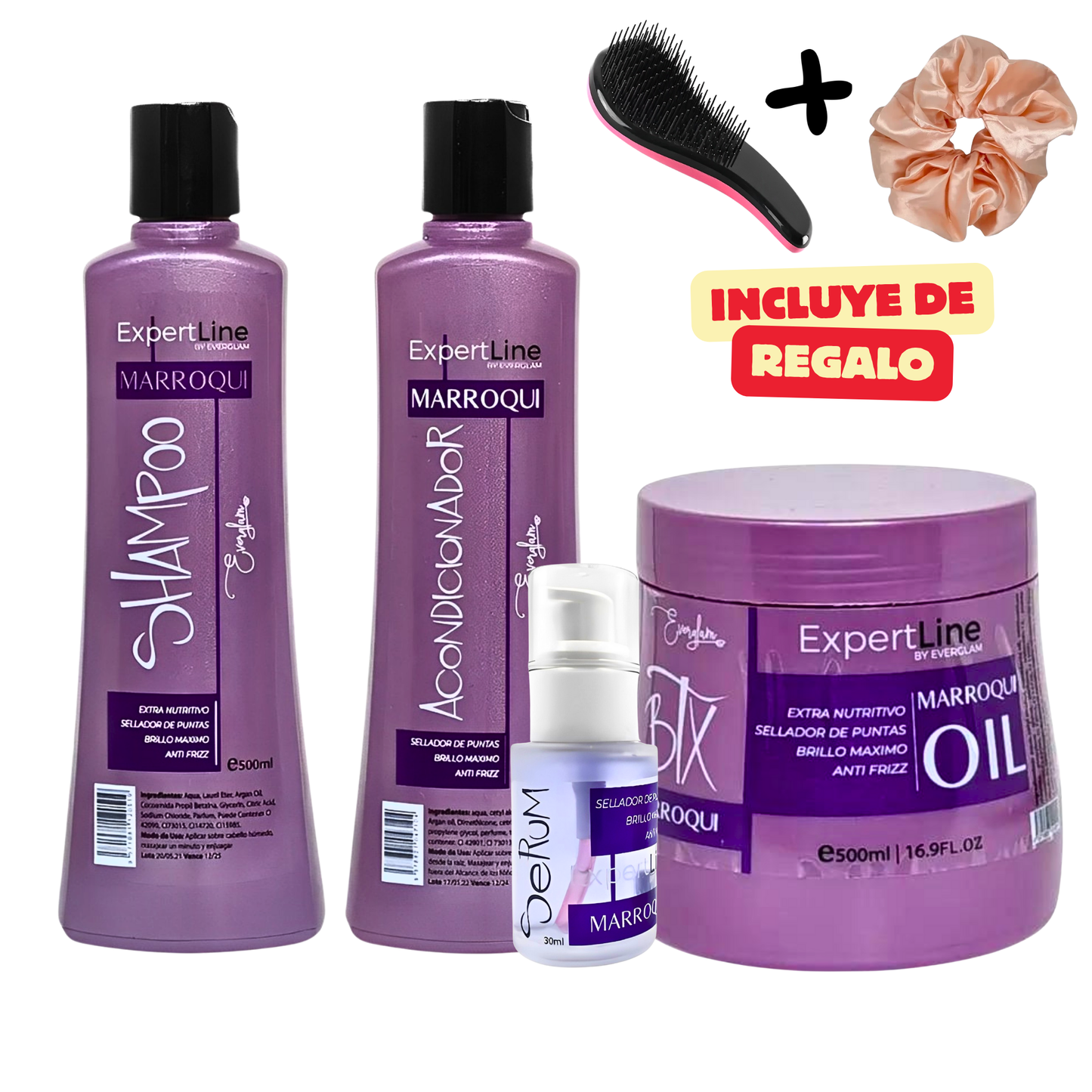 Kit Capilar Marroquí Nutrición y Sellado de Puntas | Shampoo + Acondicionador + Máscara Botox + Sérum Everglam (Incluye de REGALO: Cepillo + Colet elegante)