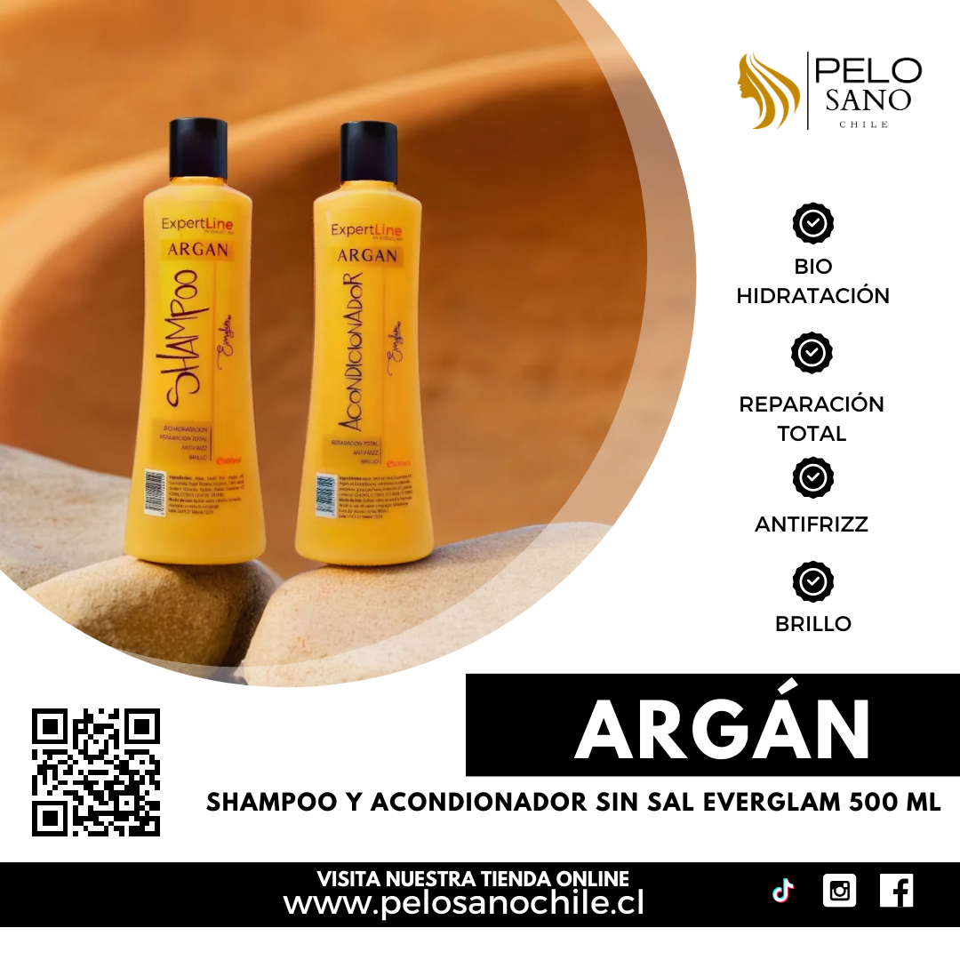 Pack Capilar Argán Hidratación y Restauración Total | Shampoo + Acondicionador + Máscara Botox + Sérum Everglam (Incluye de REGALO: Cepillo + Colet elegante)