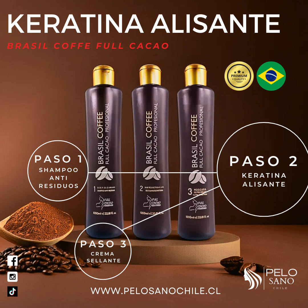 Kit alisado Permanente - Shampoo antiresiduos + keratina Alisante + crema sellante Brasil Coffe Full Cacao 500 Ml