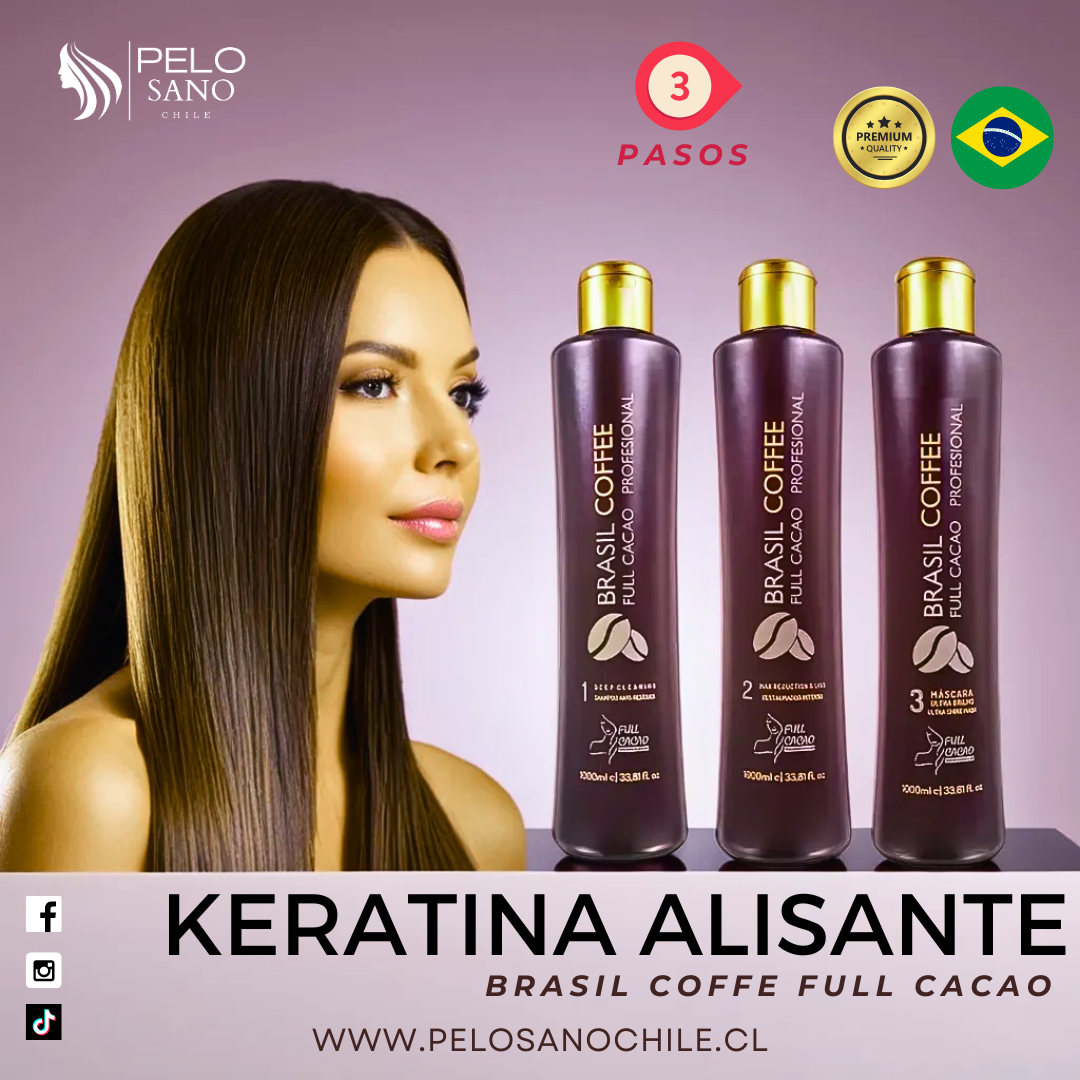 Kit alisado Permanente - Shampoo antiresiduos + keratina Alisante + crema sellante Brasil Coffe Full Cacao 500 Ml