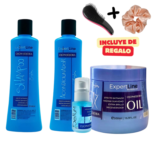 Kit Capilar Ojón y Jojoba Extra Brillo y Efecto Satinado | Shampoo, Acondicionador, Máscara Botox y Sérum Everglam (incluye de REGALO: Cepillo + Colet)
