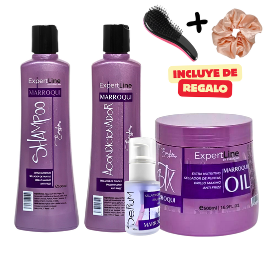 Kit Capilar Marroquí Nutrición y Sellado de Puntas | Shampoo + Acondicionador + Máscara Botox + Sérum Everglam  (Incluye de REGALO: Cepillo + Colet elegante)
