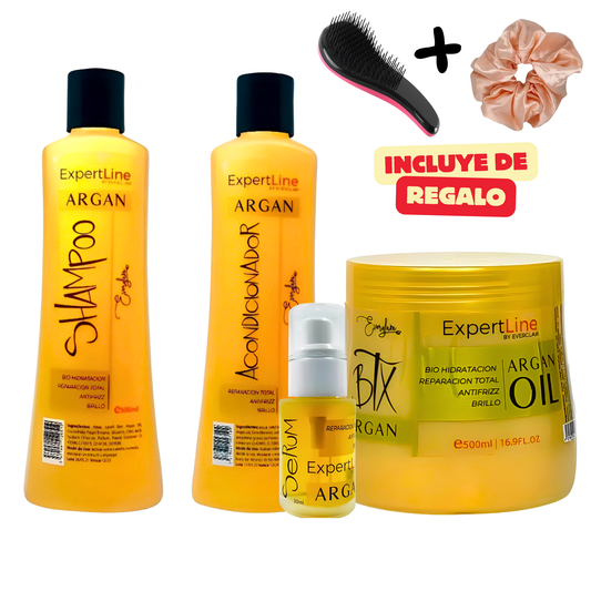 Pack Capilar Argán Hidratación y Restauración Total | Shampoo + Acondicionador + Máscara Botox + Sérum Everglam  (Incluye de REGALO: Cepillo + Colet elegante)