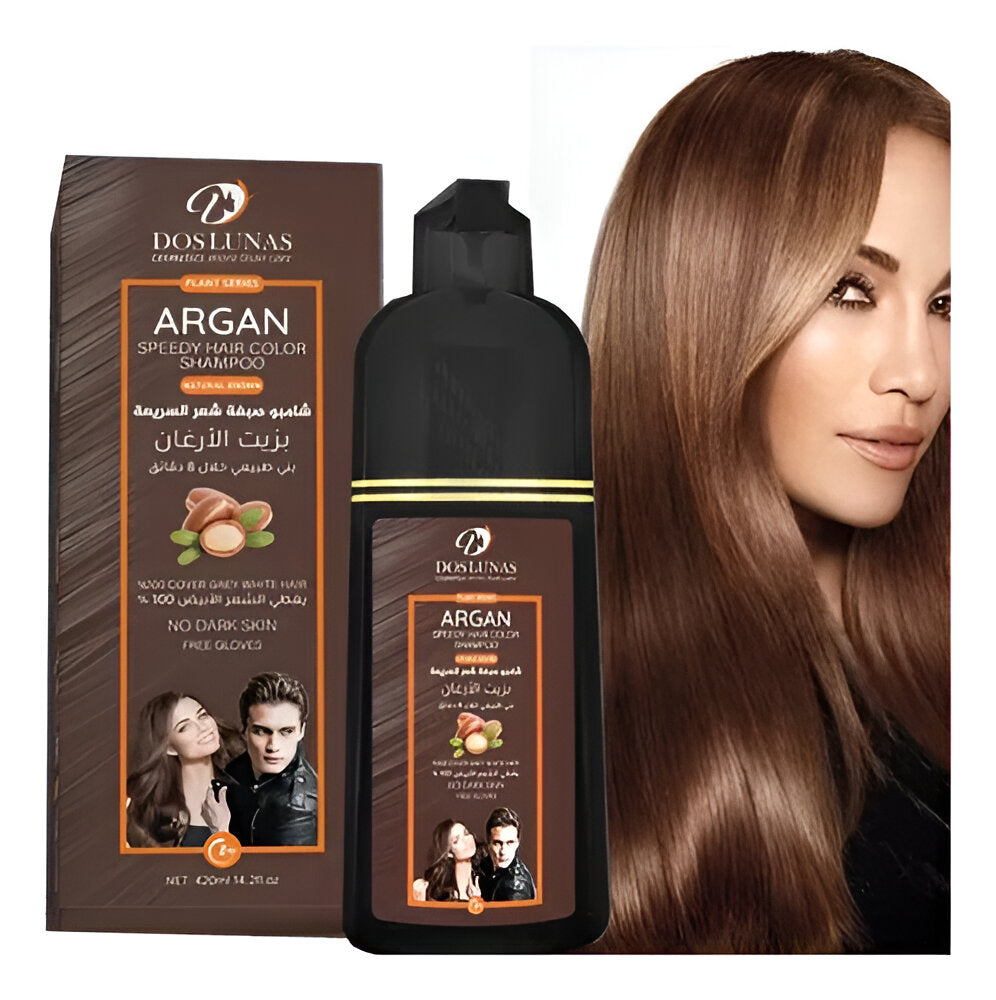Kit 2x Shampoo Tinturador Castaño Claro Natural con Argán | Cobertura de Canas Instantánea y Nutrición Profunda | 420 ml Copacabana  (Incluye de REGALO: Manual de aplicación + Par de guantes)