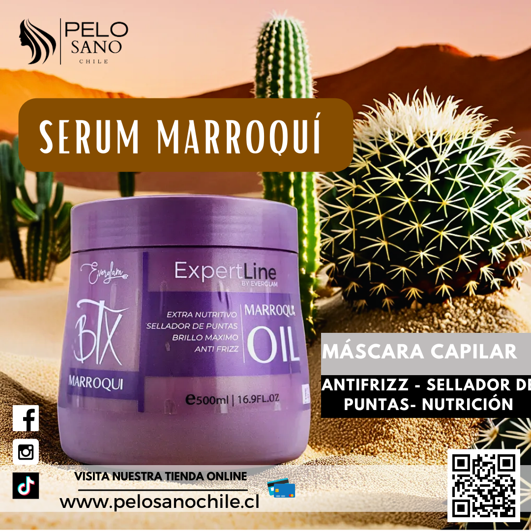 Kit Capilar Marroquí Nutrición y Sellado de Puntas | Shampoo + Acondicionador + Máscara Botox + Sérum Everglam  (Incluye de REGALO: Cepillo + Colet elegante)