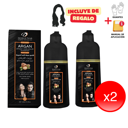 Kit 2x Shampoo Tinturador Negro Natural con Argán | Cobertura de Canas Instantánea y Nutrición Profunda | 420 ml Copacabana  (Incluye de REGALO: Manual de aplicación + Par de guantes) (Copia)
