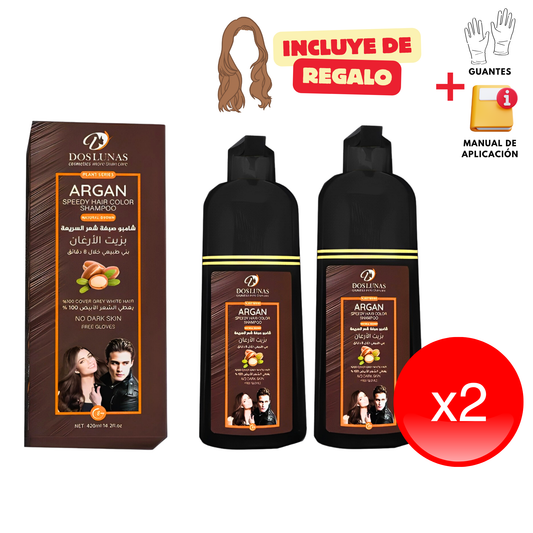 Kit 2x Shampoo Tinturador Castaño Claro Natural con Argán | Cobertura de Canas Instantánea y Nutrición Profunda | 420 ml Copacabana  (Incluye de REGALO: Manual de aplicación + Par de guantes)