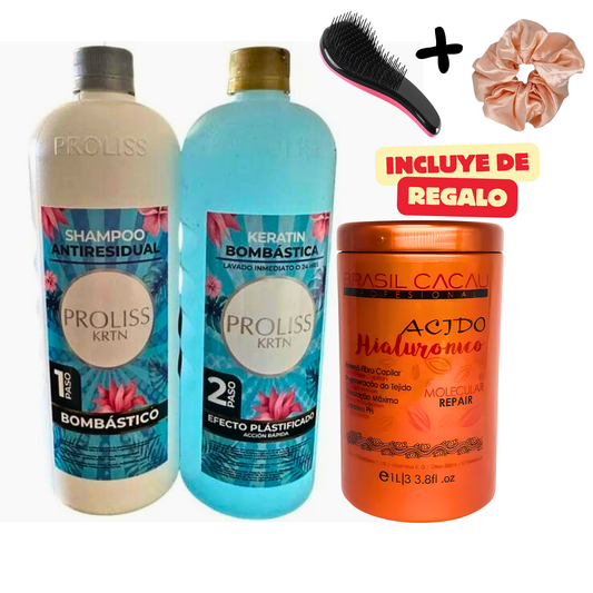 Kit Capilar Alisado y Reconstrucción Profunda | Shampoo Antiresidual + Keratina Alisante + Máscara Capilar Botox Ácido Hialurónico Brasil Cacau (Incluye de REGALO: Cepillo + Colet elegante)