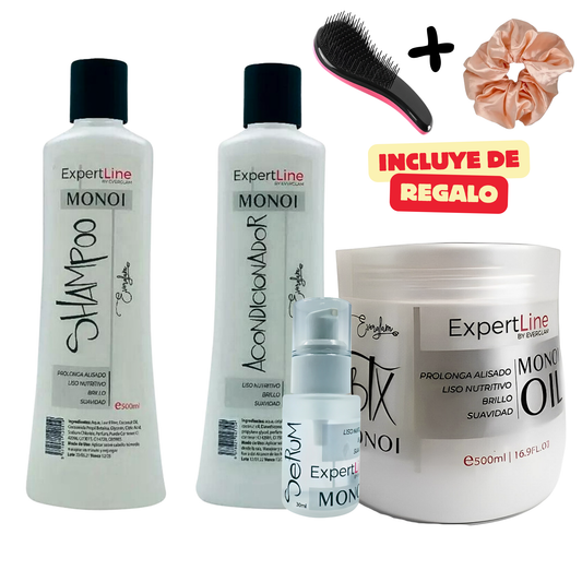 Kit Capilar Monoi Liso Prolongado y Suavidad | Shampoo + Acondicionador + Máscara Botox + Sérum Everglam  (Incluye de REGALO: Cepillo + Colet elegante)