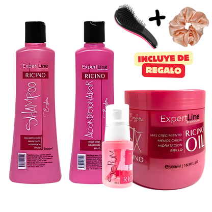Kit Capilar Ricino Crecimiento y Anticaída | Shampoo + Acondicionador + Máscara Botox + Sérum Everglam  (Incluye de REGALO: Cepillo + Colet elegante)