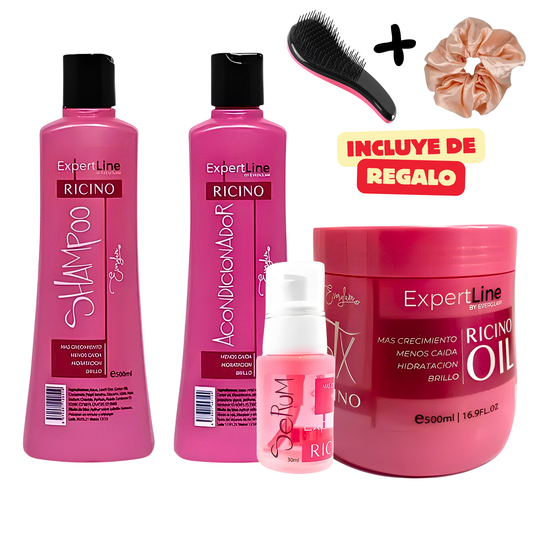 Kit Capilar Ricino Crecimiento y Anticaída | Shampoo + Acondicionador + Máscara Botox + Sérum Everglam  (Incluye de REGALO: Cepillo + Colet elegante)